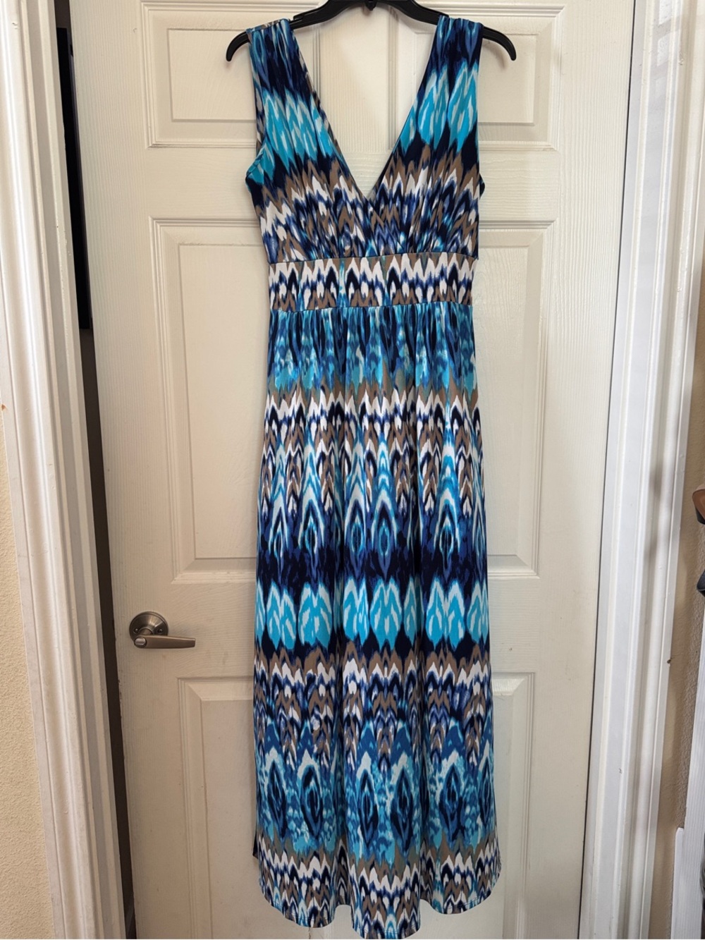 Boston Proper Blue and White Ikat-Print V-Neck Maxi Dress